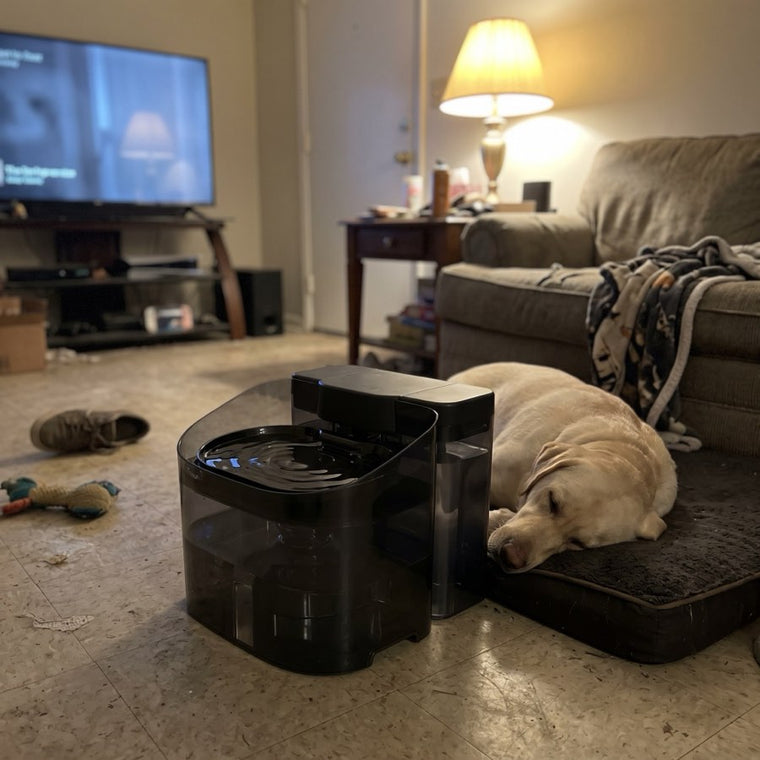 A dog asleep next to the fountain in a living room at night.