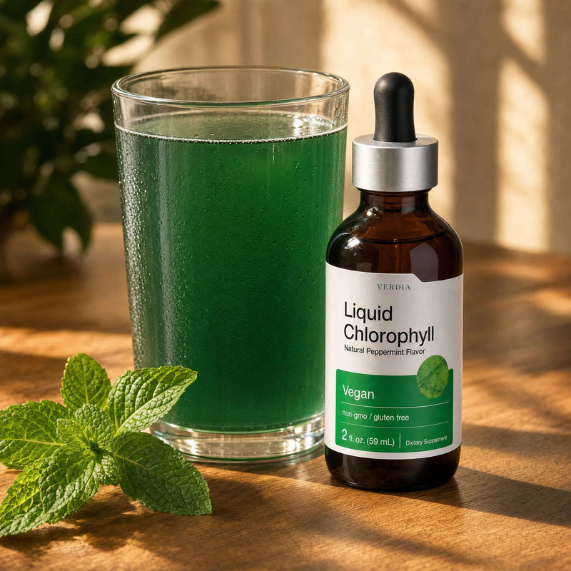 A glass of chlorophyll water beside the Verdia bottle