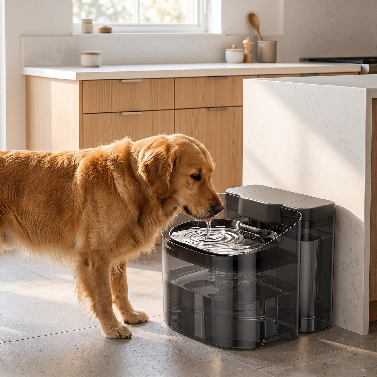 Golden retriever drinking from the Crunchy Fountain in a modern kitchen