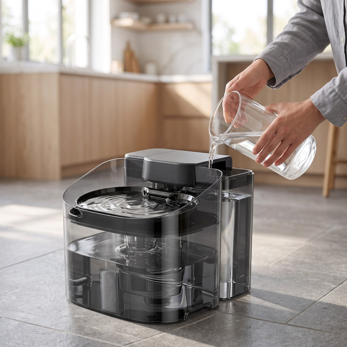 Refilling the Crunchy Fountain side reservoir with a pitcher