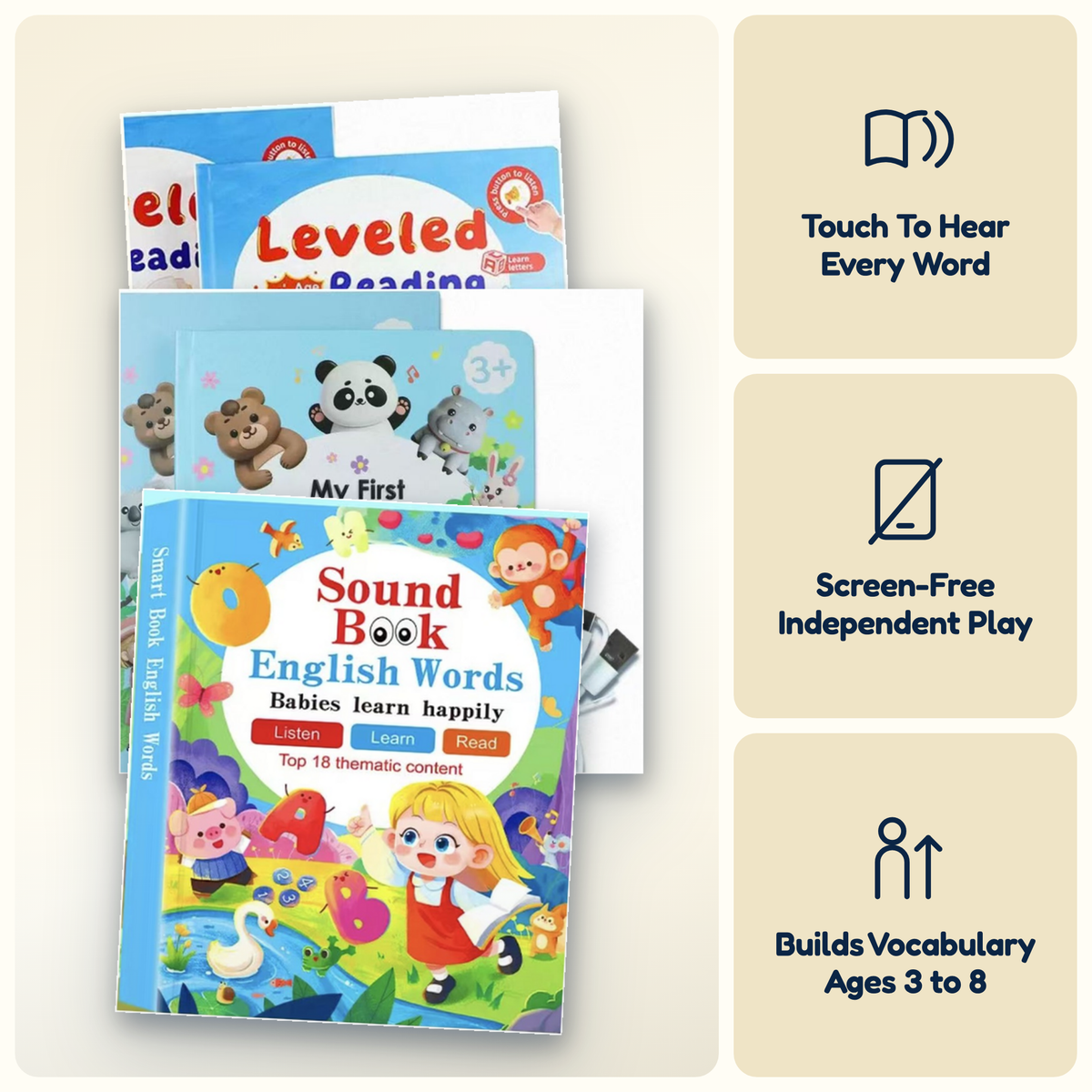 Four touch-to-hear books, screen-free independent play, builds vocabulary ages 3 to 8