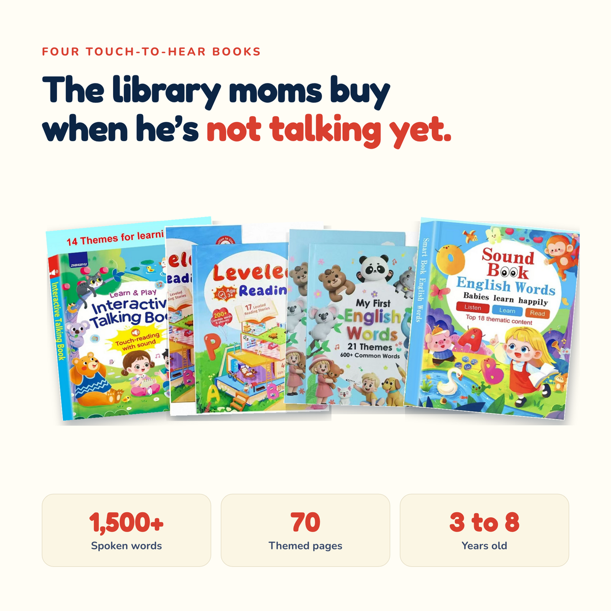 Four touch-to-hear books, 1,500+ spoken words, 70 themed pages, ages 3 to 8