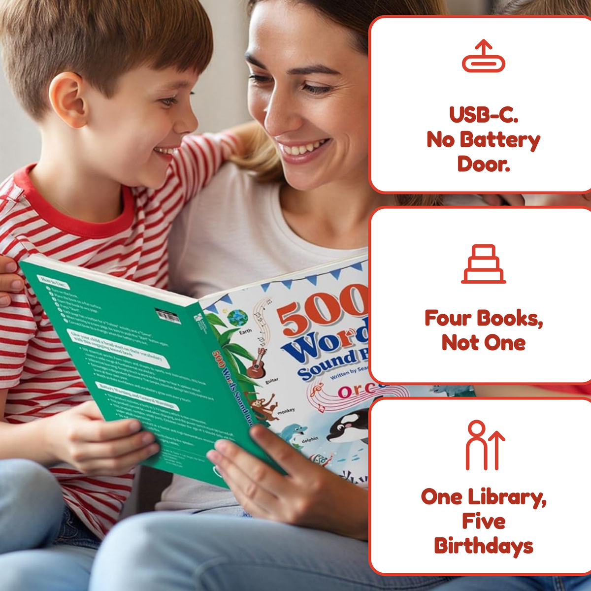 USB-C rechargeable, four books not one, one library five birthdays