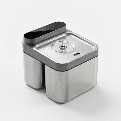 The Crunchy Fountain Steel Edition turning slowly, water moving in the tray.