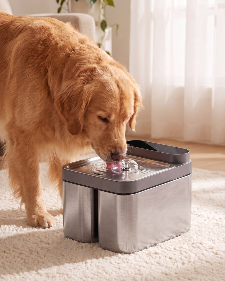 A golden retriever drinking from the Crunchy Fountain Steel Edition.
