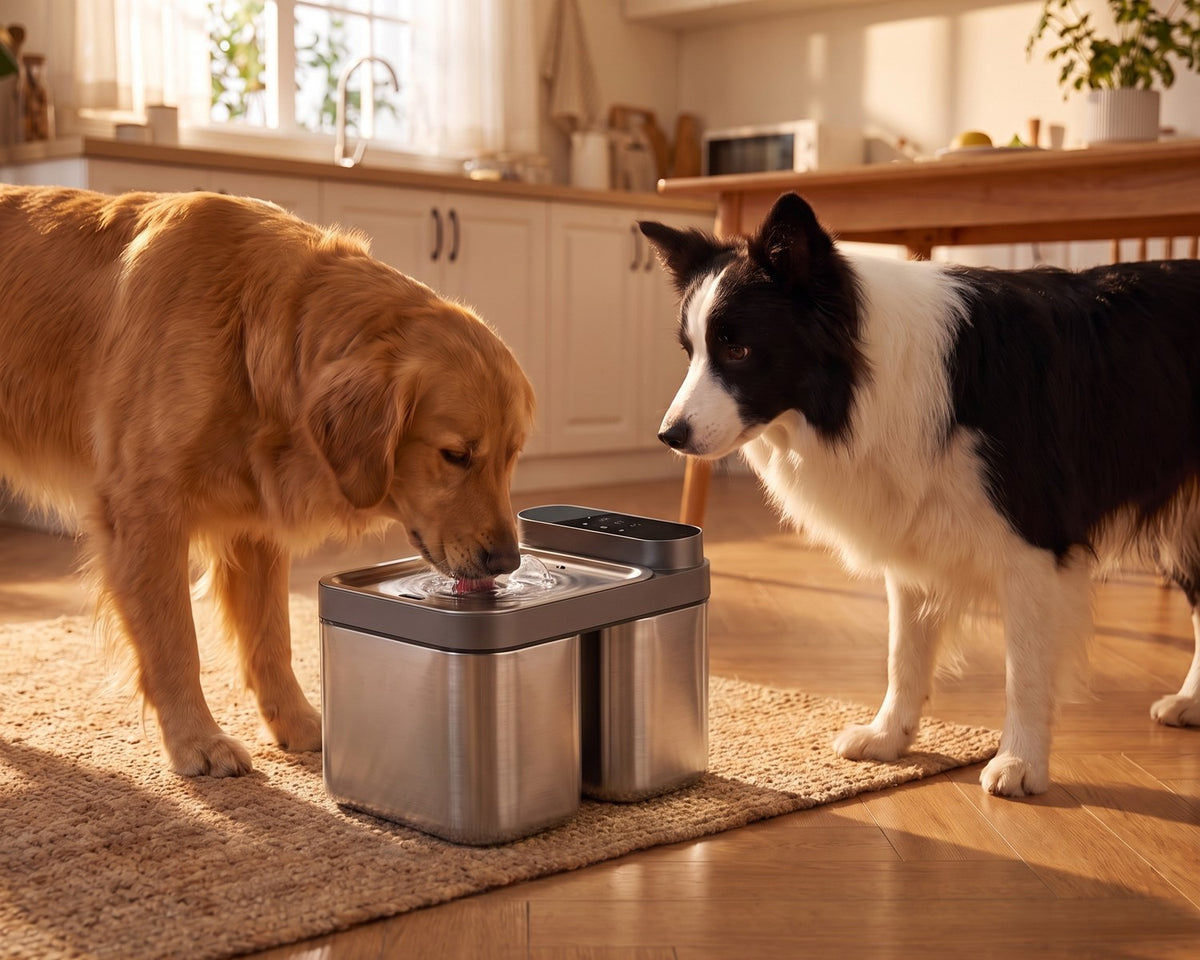 A golden retriever and a border collie sharing the Crunchy Fountain Steel Edition in a kitchen.
