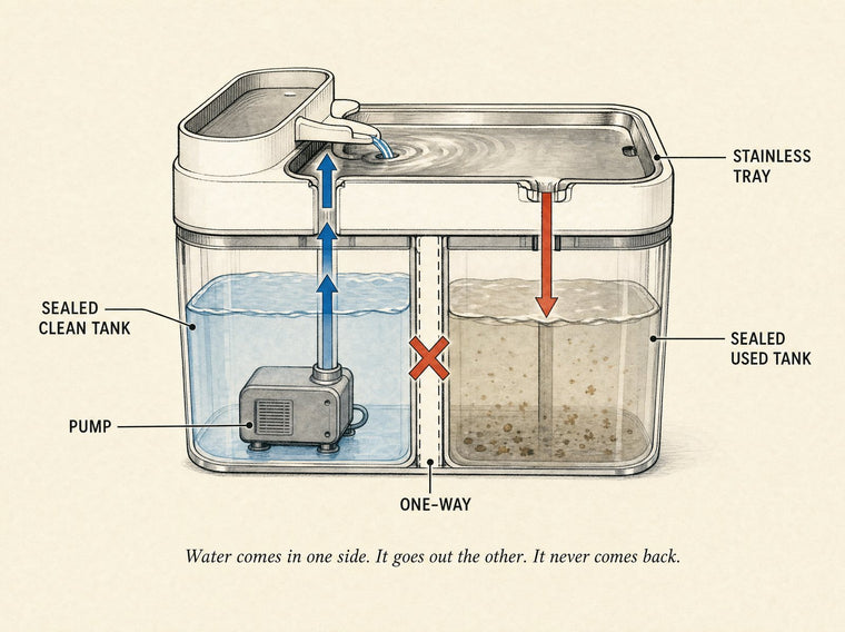 Diagram: water flows one way from the clean tank to the tray to the sealed used tank.