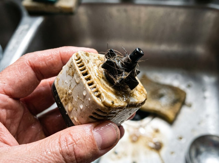 Hair and slime wrapped around a fountain pump impeller.