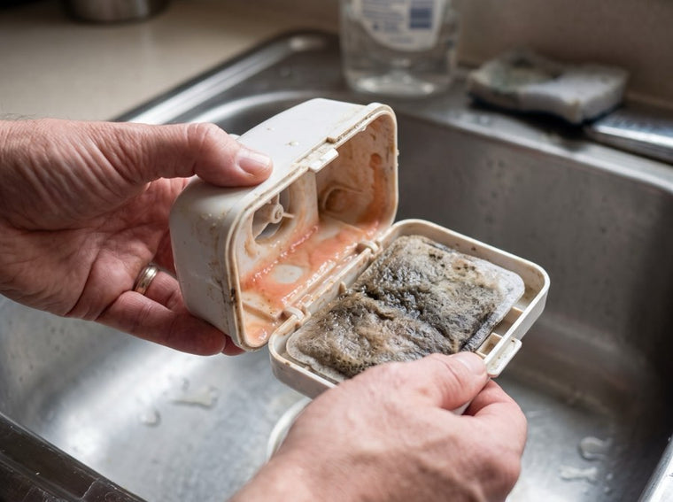 A slimy used carbon filter pad held over a sink.