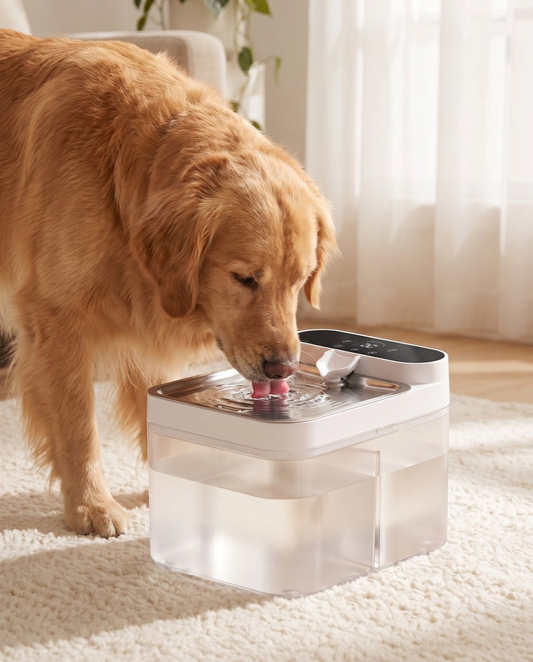 A golden retriever drinking from the Crunchy Fountain.