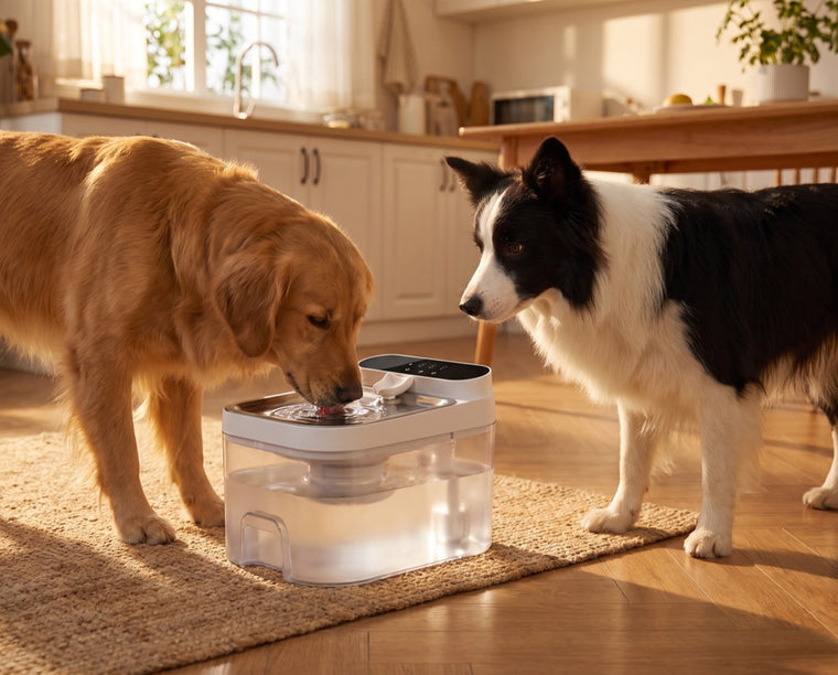 Two dogs sharing the Crunchy Fountain in a kitchen.